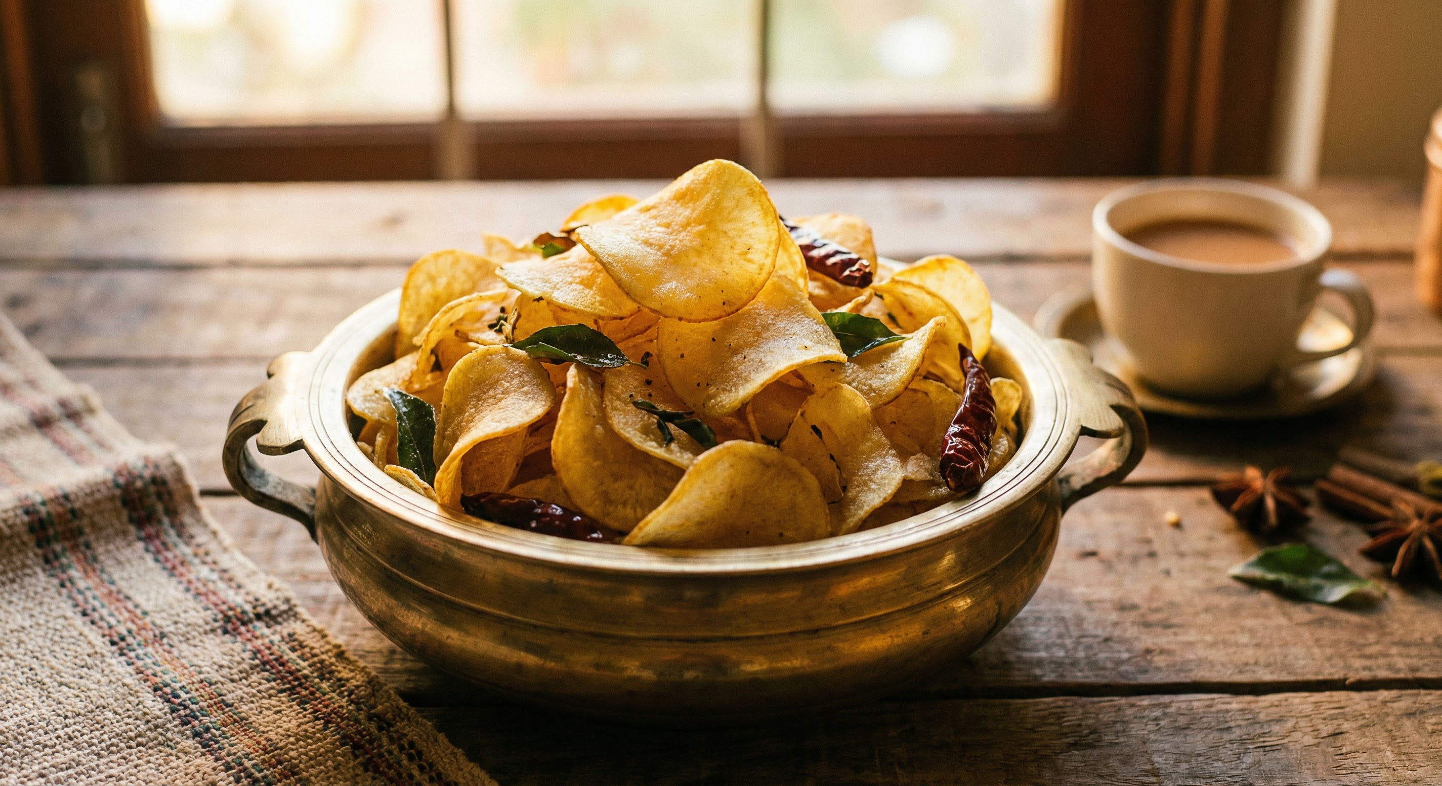 Tapioca chips in brass vessel